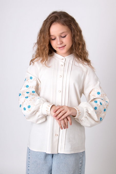Лляна вишиванка для дівчат Mevis 5534-02, колір молочний