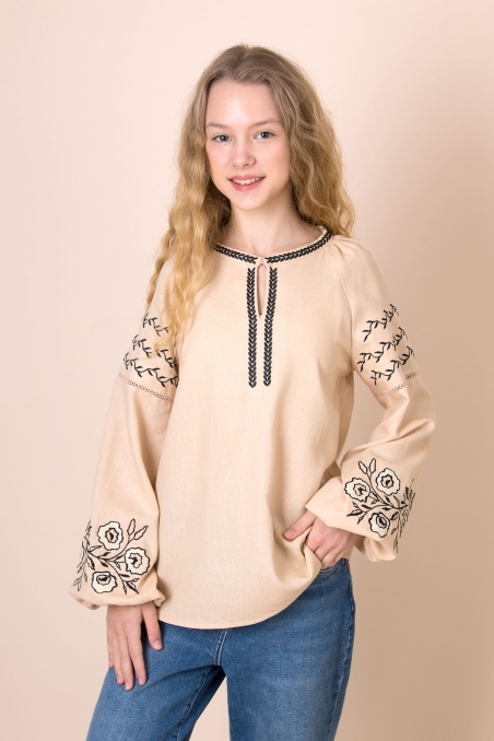 Лляна вишиванка для дівчат Mevis 5461-03, колір бежевий