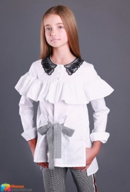 Блузка школьная котон, рюш, бант клетка Mone 1945, цвет белый